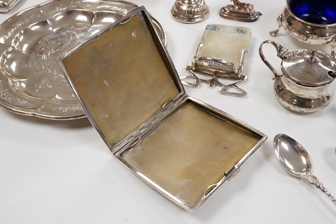 An early Victorian engraved silver plate, of cusped form, by Riley & Storer, London, 1844, with later engraved inscription, 17.5cm, together with two later silver cigarette cases, three silver condiments, a late Victoria
